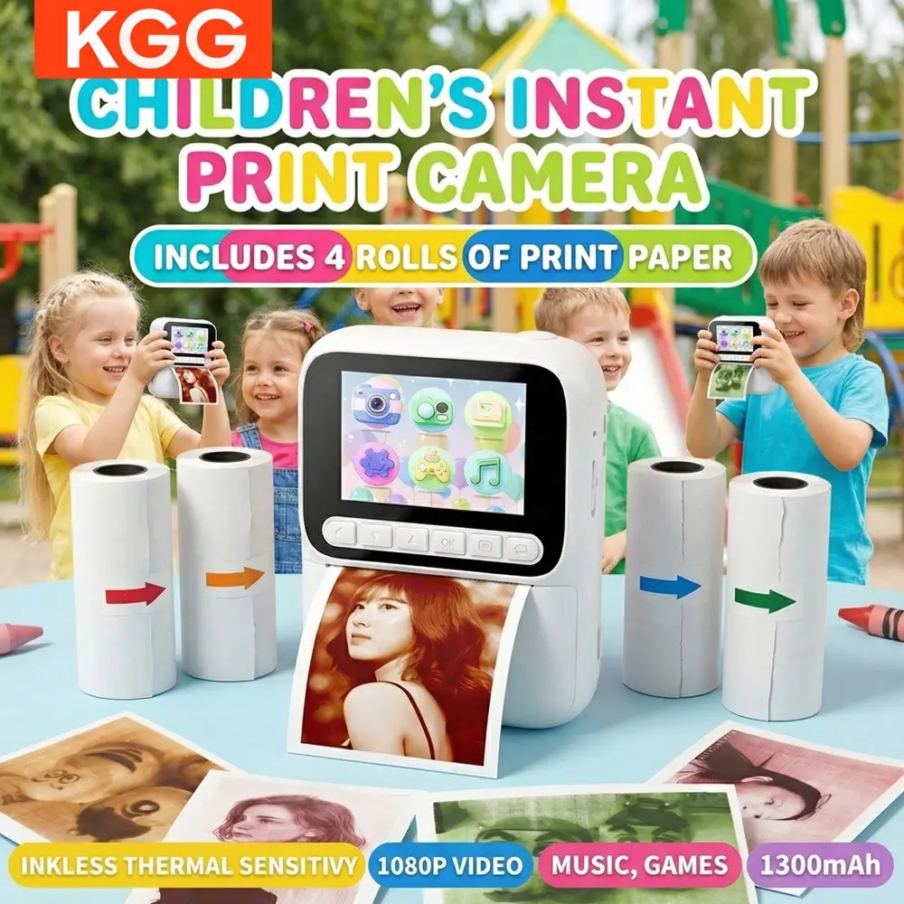 KGG Kids Instant Color Print Camera for Boys Girls, Mini Digital Camera with 2.4" HD Screen, 1080P Video, Games & Music, Multifunctional Ink-Free Thermal Printing Student Camera