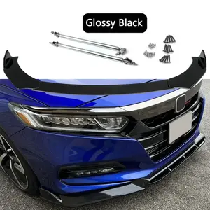 Front Bumper Lip Spoiler +Strut Rods For 2018-2020 Honda Accord Glossy Black B+