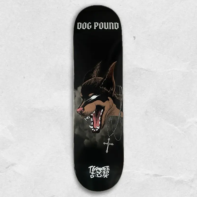 DOG POUND Skate Deck - Silver Variant - 8.25 - 7 ply maple deck - doberman with chains hand drawn art skateboard