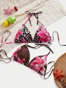 Plus Size Flower Print Halter Bikini Top 2-Piece Set - Summer Beach Vacation