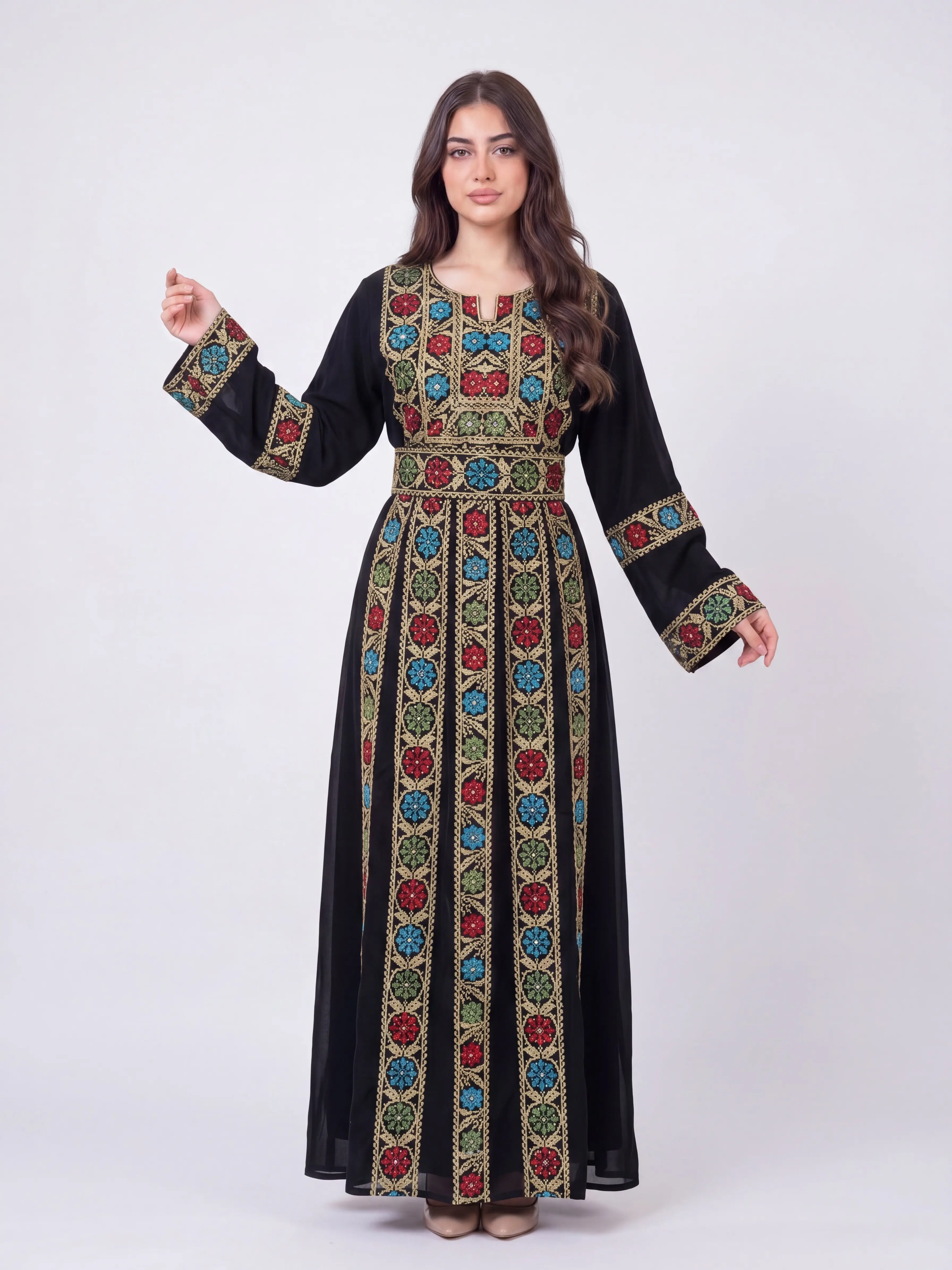 Israa Thobe - Women's Embroidered Long Sleeve Casual Traditional Dress, Soft Draped Fabric, Floral Embroidery, Elegant Modest Abaya, Ideal for Eid, Ramadan, Gifts for Her