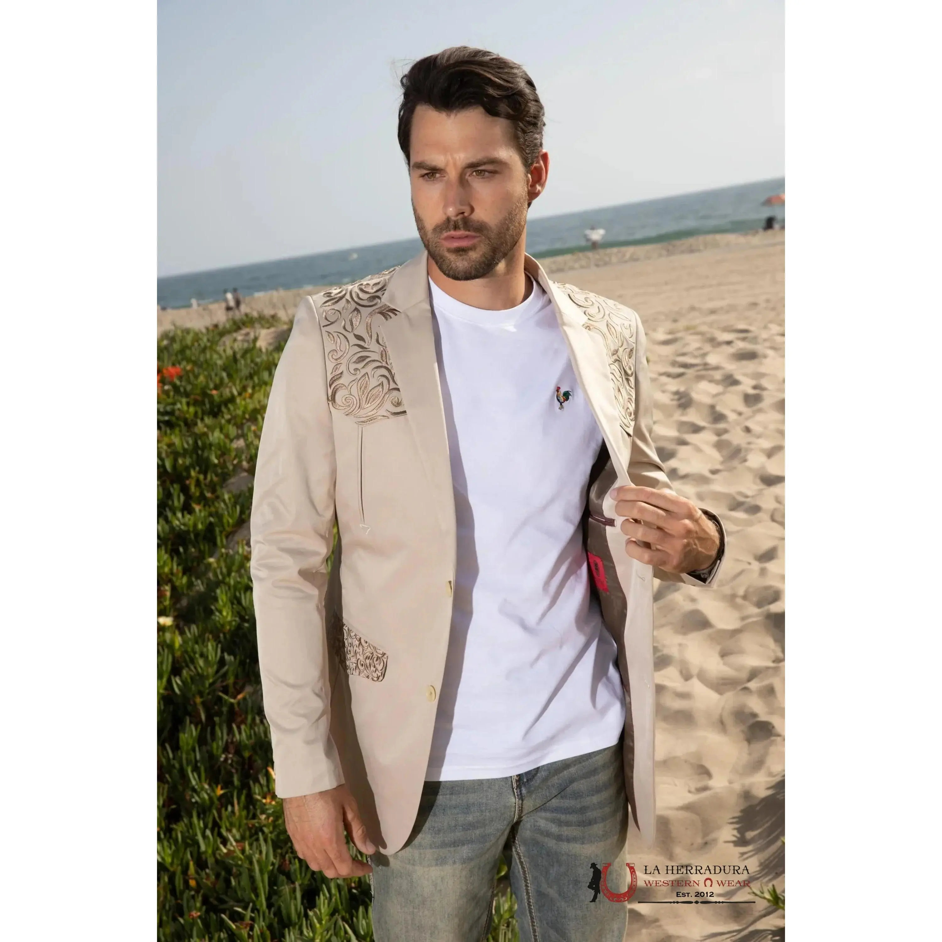 PLATINI MENS BLAZER RANCHER EMEMBROIDED BEIGE BORDADO -EBZ10139