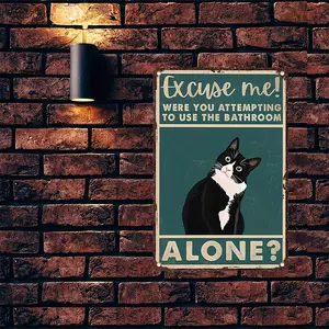 [Vintage Cast Iron Sign] Humorous Waterproof Dustproof Tuxedo Cat Bathroom Wall Art with English Text "Excuse Me! Were You Attempting to Use the Bathroom Alone?", Pre-Drilled for Easy Hanging, Animal-Themed Multipurpose Home Decor Plaque