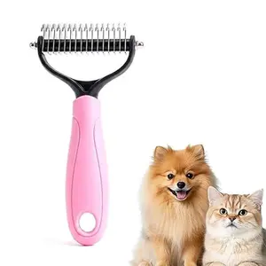 Pet Detangling Comb, Double-Sided Grooming Brush for Dogs & Cats, One-Click Clean Undercoat Rake for Shedding Mats