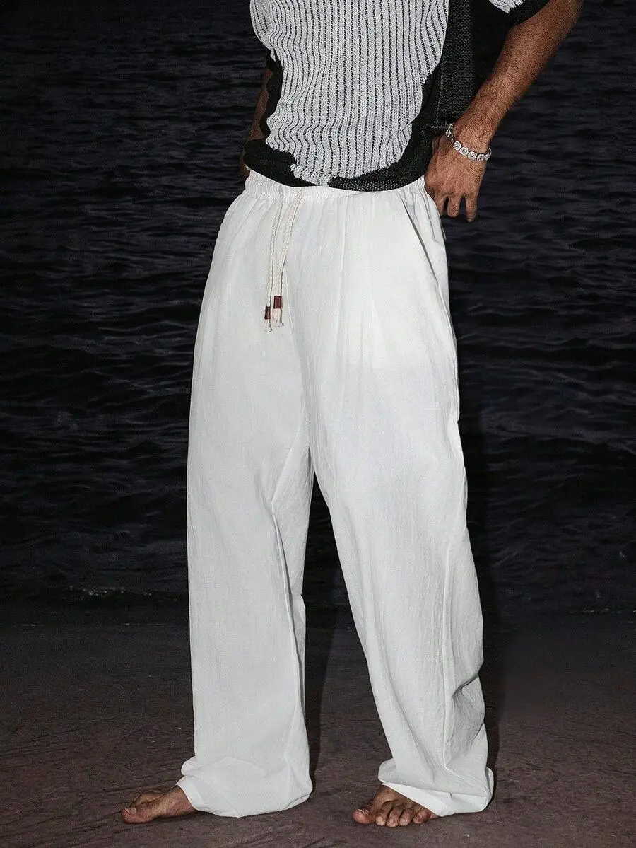 Men’s Linen Plain Menswear Loose Wide-Leg Pants - Fluid Drape, Elastic Drawstring Waist, Breathable Lightweight Fabric, Stylish for Beach Vacations, Casual Wear