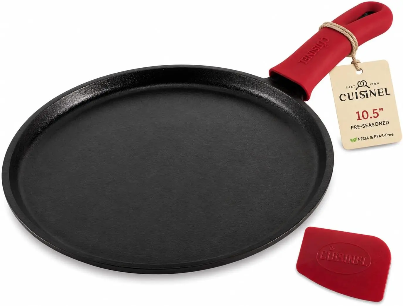 Cuisinel 10.5" Cast Iron Round Griddle & Crepe Pan - Pre-Seasoned Flat Skillet for Crepes, Pancakes, Tortillas & Flatbread - Oven & Grill Safe - Non-Toxic, PFOA & PFAS Free Cookware