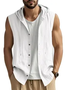 Men's Linen Hooded Sleeveless Shirt, Breathable Sweat-Wicking Fabric, Single Button Drawstring Casual Shirt, Lazy Style for Tropical Summer Vacation Party Commute Tops