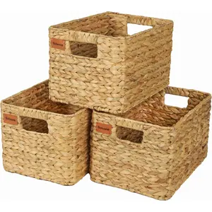 Large Wicker Storage Baskets, Set of 3, Water Hyacinth Basket Organizer, 14.2x10.2x8.7H Inches -Great Storage Solution for Shelf and Pantry Storage