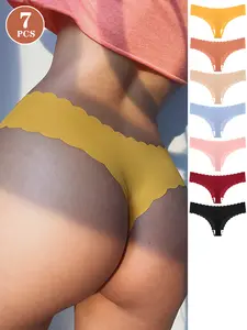 7-Pack New Low-Waist Seamless Scallop-Trimmed Women's Thongs & V-Strings - Polyamide Knit Fabric, Sexy Breathable, Comfortable Elastic, Solid Color, 90% Polyamide + 10% Elastane, No Ride-Up Underwear Set Everyday Basic thong Pieces Panty