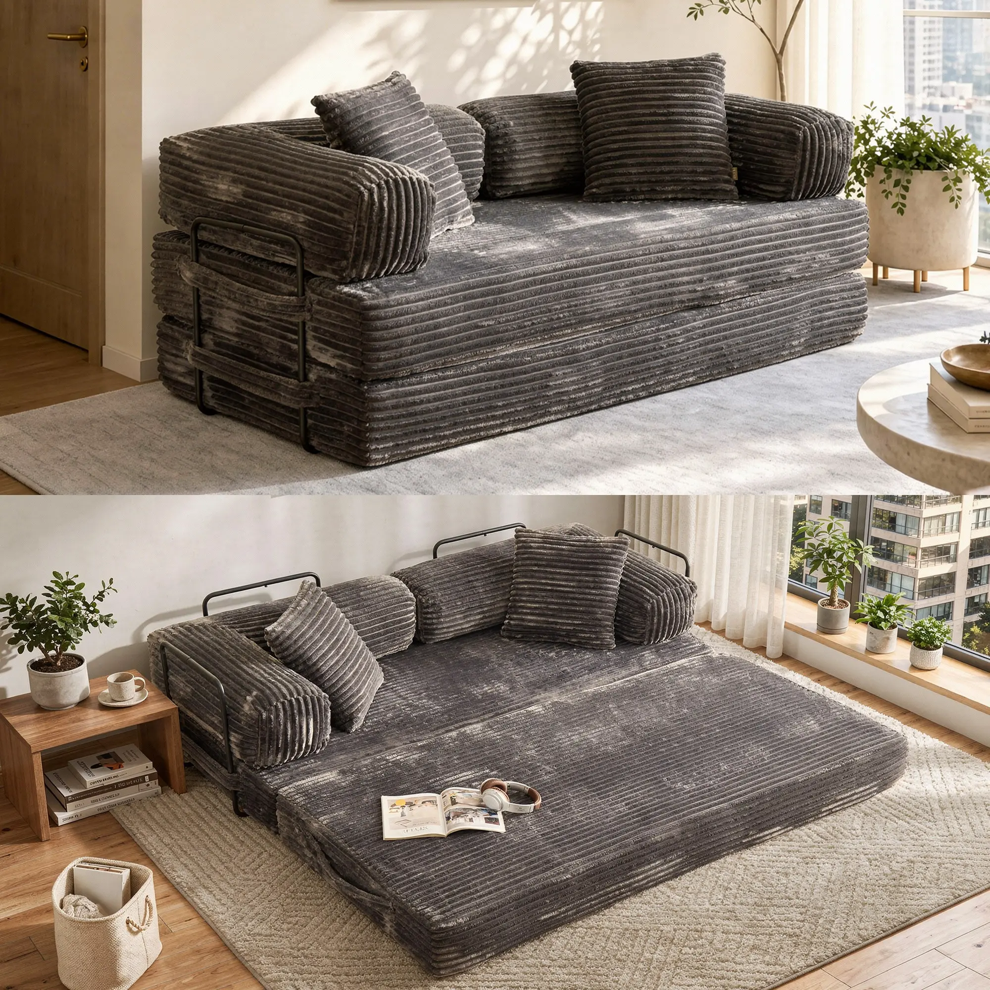 CAODOC 80"Oversized Boneless Couch, 5-in-1 Convertible Sleeper Sofa Bed, Deep Seat Corduroy Modular Floor Sofa, Foldable Pull-Out Couch for Living Room, Apartment,No Assembly