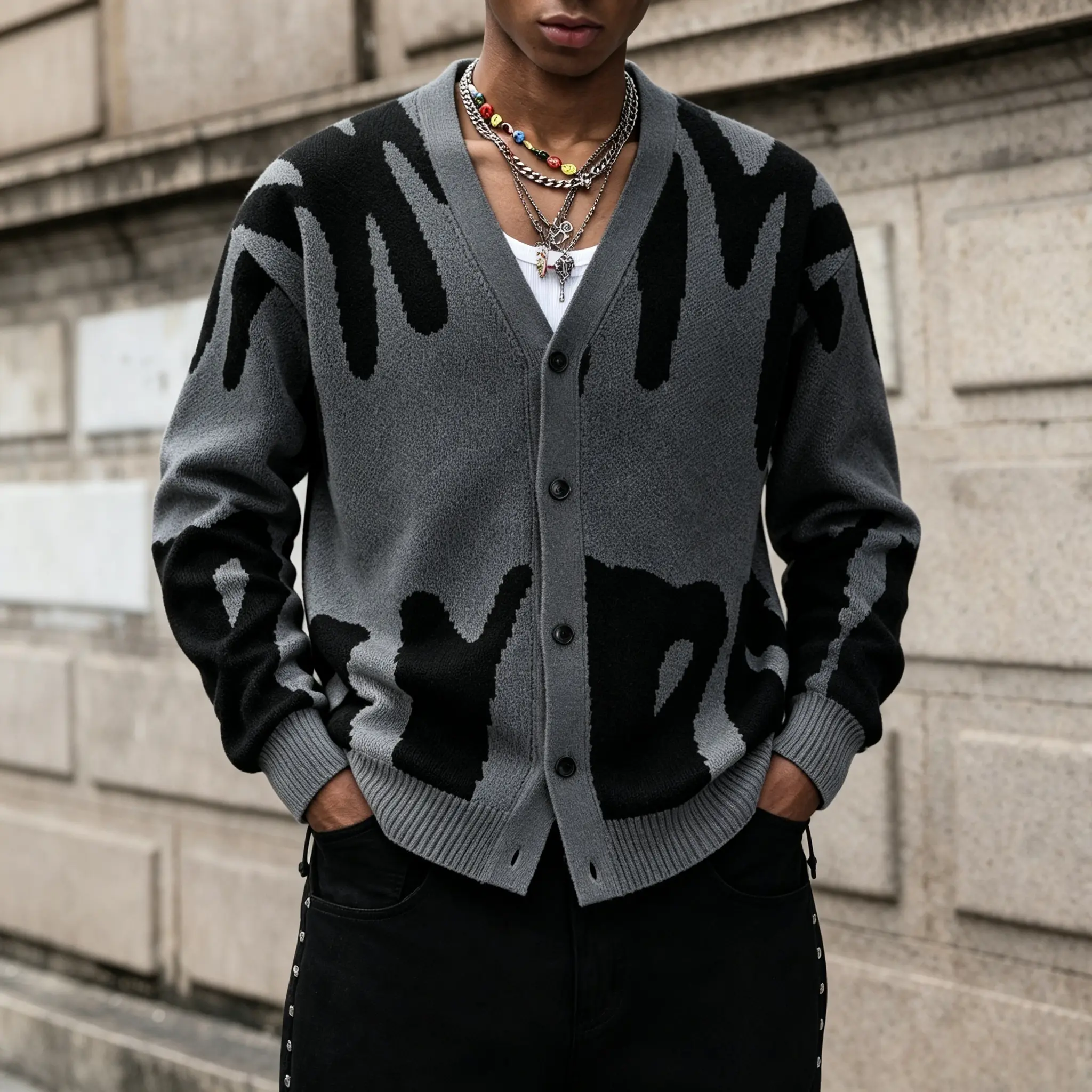 Men's Knit Cardigan - Menswear Knitwear, Elegant V-Neck, Simple Minimalist Graffiti Pattern, Fitted Long-Sleeve Button-Front Casual Top with Artistic Flair, Fabric