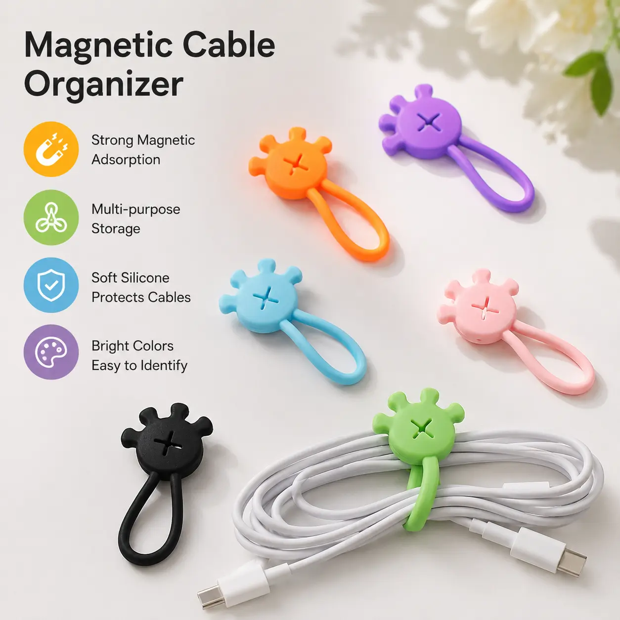 1 Count Silicone Magnetic Palm Shaped Cord Organizer, Random color, for cable arrangement, snack bag sealing, small item storage for home and office use