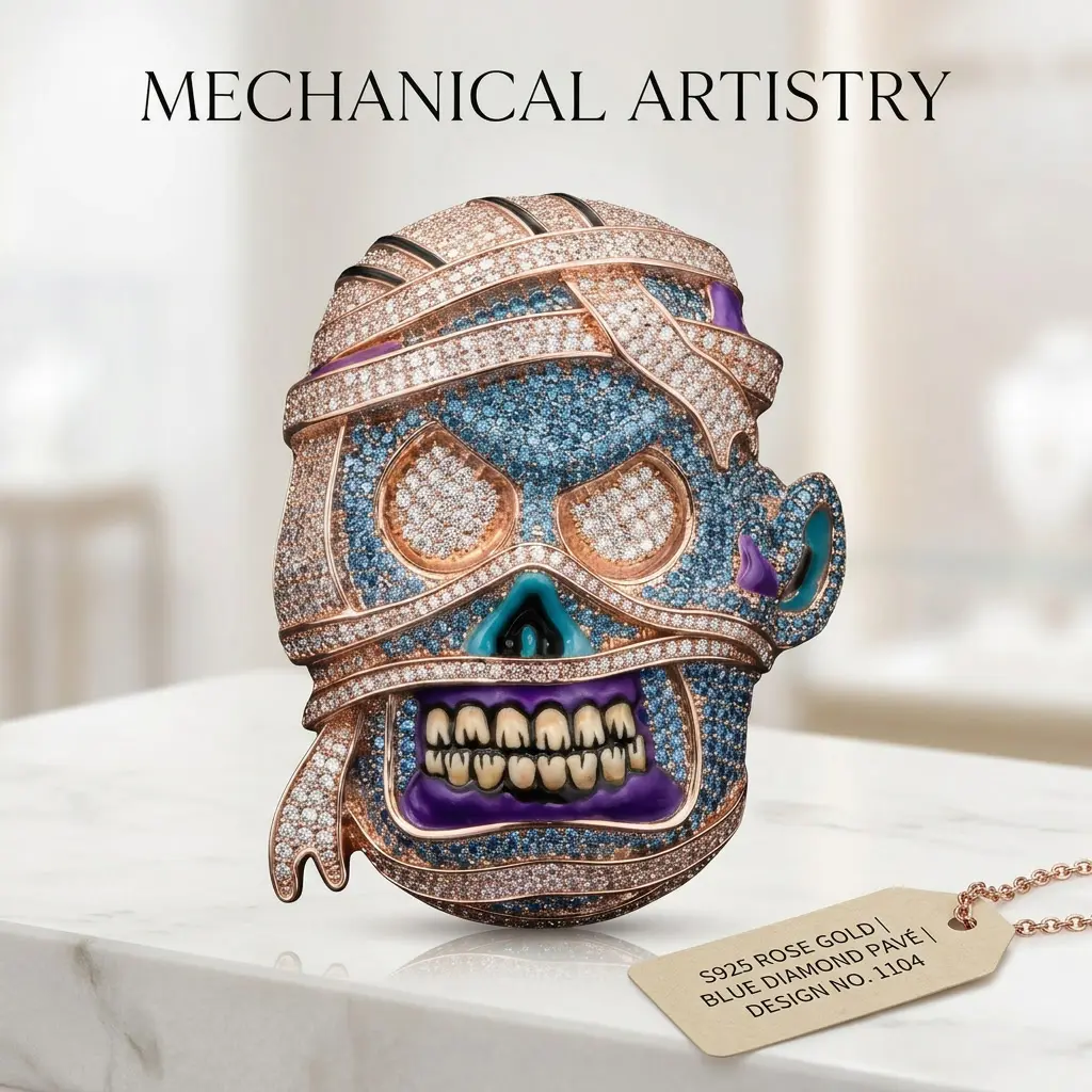 Crystal Skull Necklace for Men, Rose Gold Plated Egyptian Mummy Pendant, Gothic Hip Hop Iced Out Jewelry with Blue & White CZ and 4mm Rope Chain, Chain Jewelry Necklaces, Character Graphic Necklaces