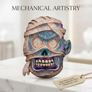 Men's Bling Rhinestone Mummy Skull Pendant Necklace, Rose Gold Plated Iced Out Blue White Cubic Zirconia Egyptian Skeleton Charm, Hand-Applied Enamel Art Halloween Gothic Hip Hop Jewelry Accessory With Standard 4mm Rope Chain Holiday Gift