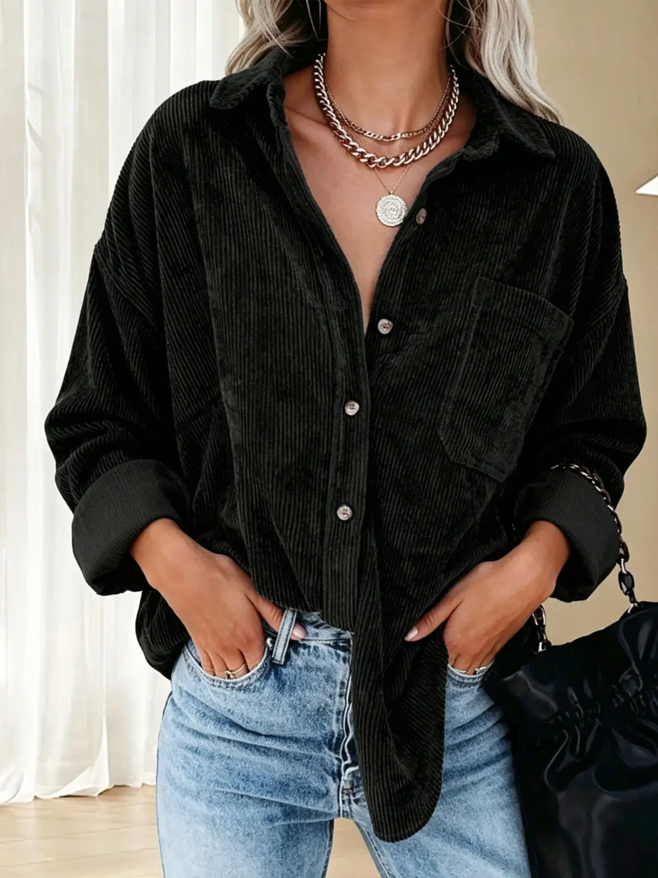 Plus size women's black corduroy lapel single-breasted loose-fit long-sleeve Buttoned Collared shirt, suitable for spring and summer, appropriate for daily commutingoing out on dates, casual gatherings, and various other occasions Blouse
