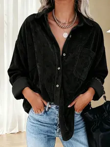 Plus size women's black corduroy lapel single-breasted loose-fit long-sleeve shirt, suitable for spring and summer, appropriate for daily commutingoing out on dates, casual gatherings, and various other occasions Blouse