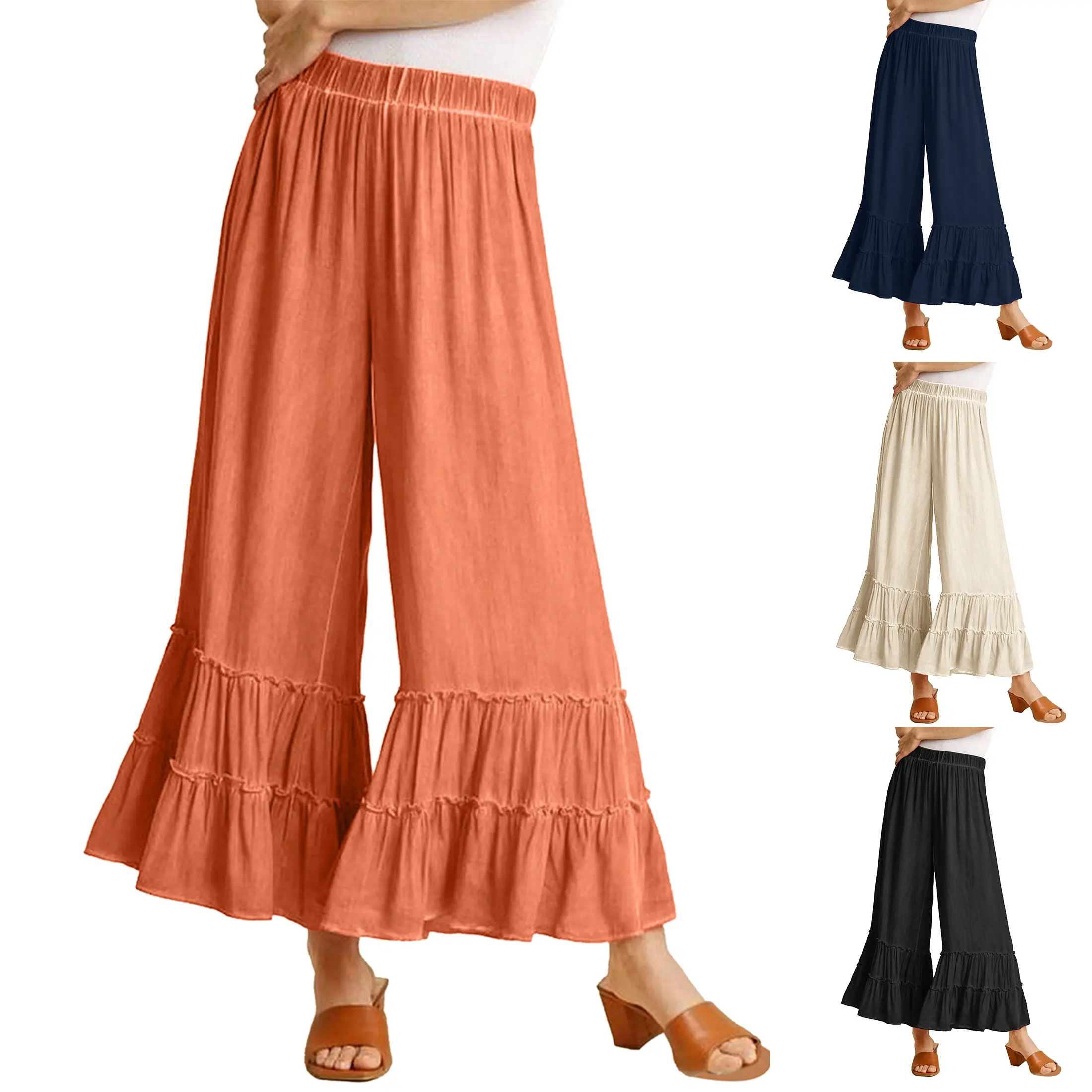 Molitree Women Linen Cotton Ruffle Wide Leg Pants Elastic Waist Breathable Summer Casual Trousers