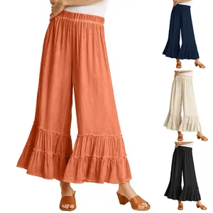 Molitree Women Linen Cotton Ruffle Wide Leg Pants Elastic Waist Breathable Summer Casual Trousers