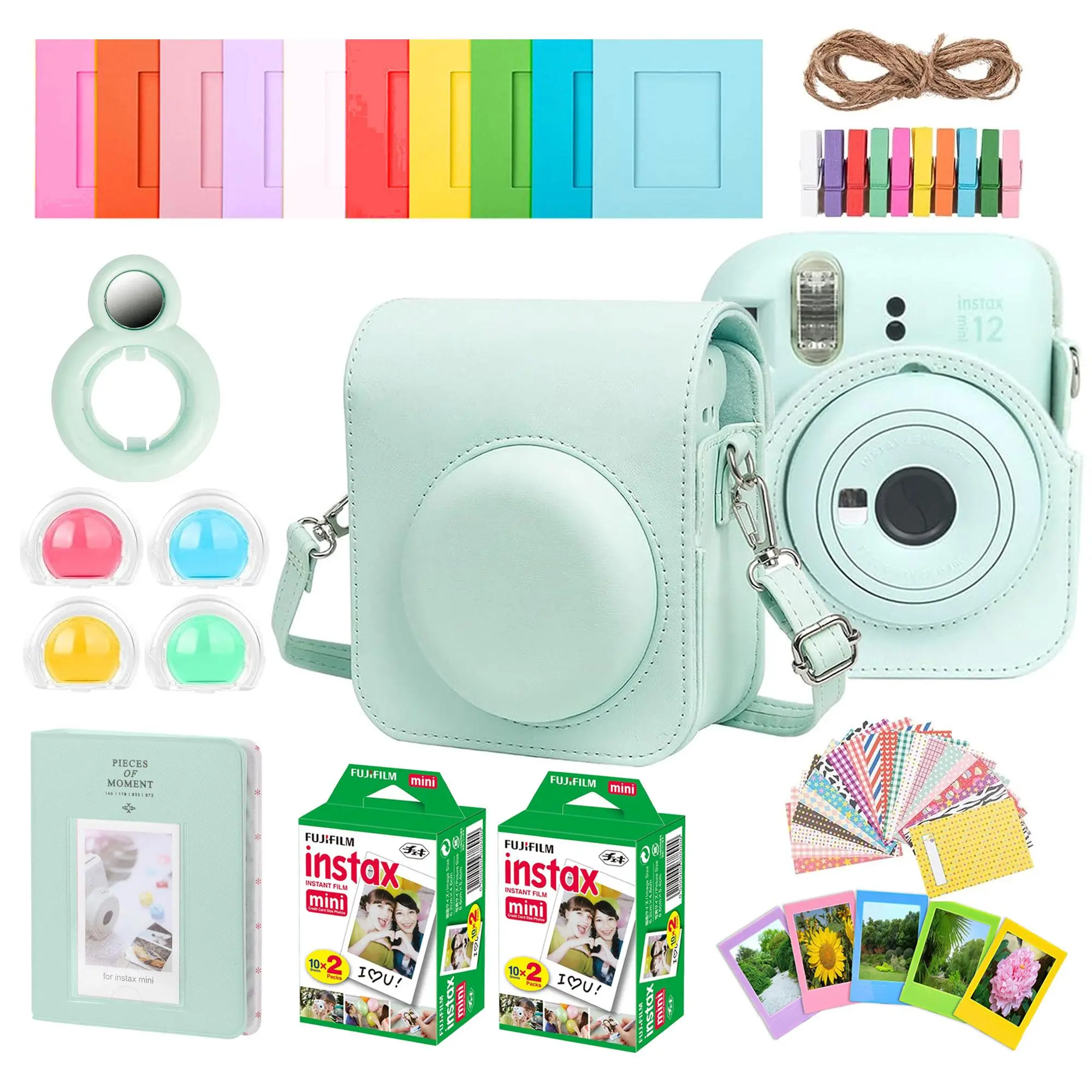 Complete Accessory Kit for Fujifilm Instax Mini 8/9/11/12 – Camera Case, Photo Album, Frames, Stickers & Lens Filters (Green) + 2x Fujifilm 2x10 Film Mini Instax Film Pack