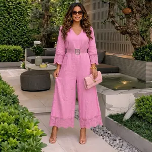 Spring Feel Jumpsuit in Pink with V-Neck, Long Sleeves, and Wide Leg Design for Women
