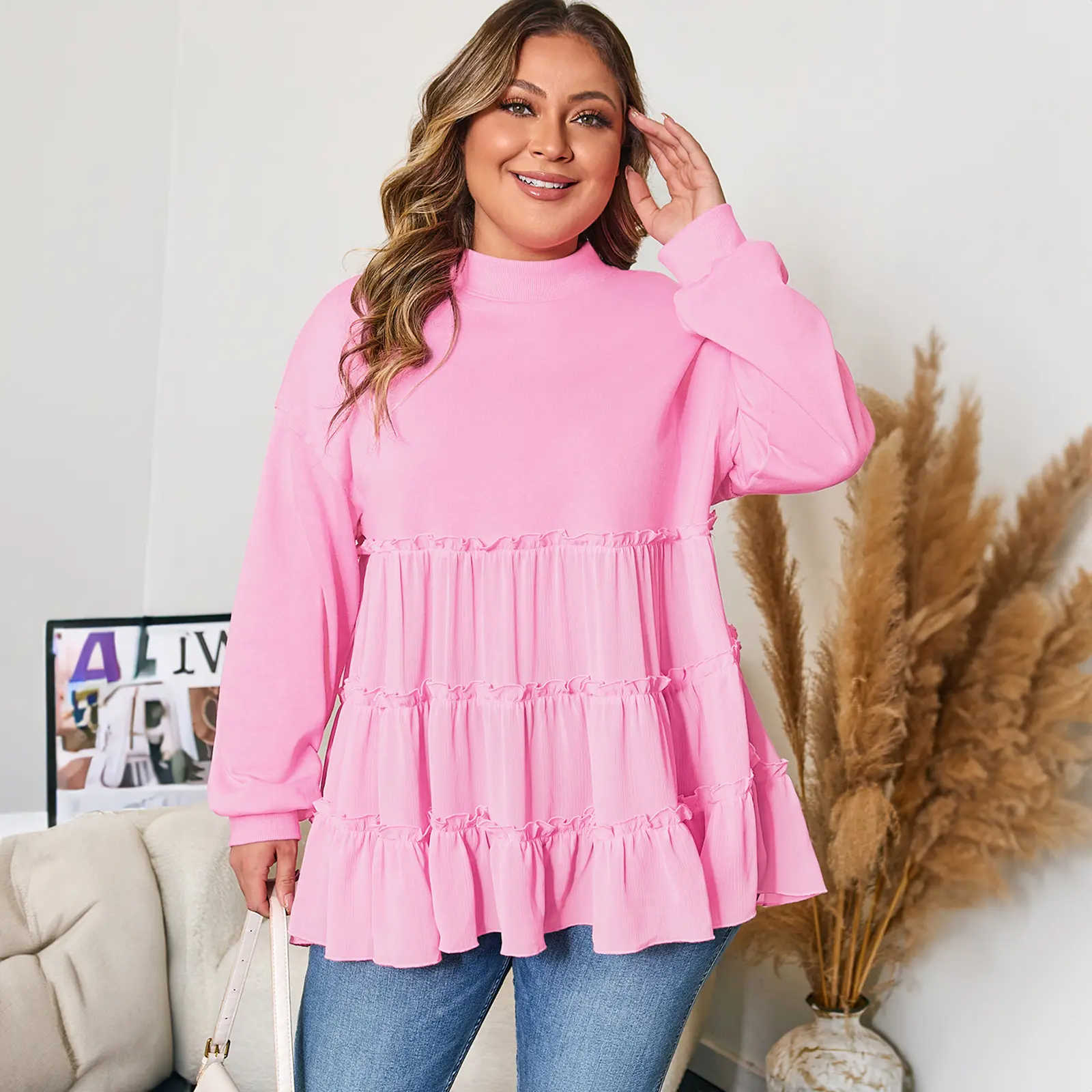 Plus Size Ribbed Knit Blouse, Feminine Long Sleeve Babydoll Pullover with Tiered Ruffles and a Flowy Fit, Basic, Shirts, Longsleeves, Lady, Fabric