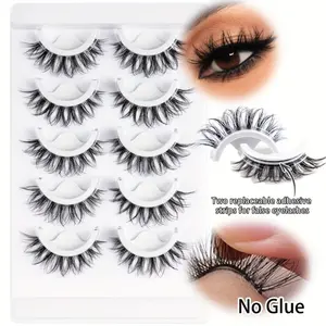 Self-Adhesive False Eyelashes No Glue Needed, Pre-Curled Fine Mink Lashes, D Curl Dense, Dramatic Cat Eye Makeup, Reusable 5 Pairs Set, Cosmetic, Beginner Friendly Lashes
