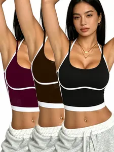 3-Pack Colorblock Strappy Sports Bras for Women, Padded Back Yoga Tops, Wearable Shockproof Fitness Bras, All-Season Fashion Vest
