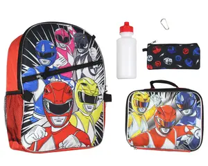 Power Rangers Let's Do This Red Pink Black Blue Ranger Backpack Lunch Bag Gadget Case Carabiner Water Bottle 5 Piece Set 16"