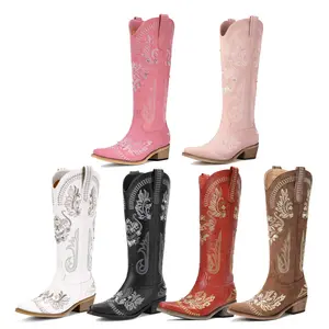 Fashion Cowboy Boots for Women - Wide Calf Sparkly Cowgirl Boots, Comfort Women's Knee High Rhinestone Boots, Glitter Sparkle Country Boots with Classic Embroidery, Pointed Toe Pull On Zipper Stitching Retro Fashion Tall, Botas