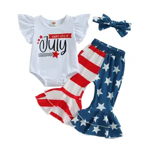 Baby Girls Summer Outfit Sets White Flying Sleeve O Neck Romper + Stars Striped Patchwork Pants + Headband