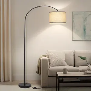 Arc Floor Lamps for Living Room, Modern Standing Lamp with Adjustable Hanging Drum Shade, Tall Pole Lamp with Foot Switch, Over Couch Arched Reading Light for Bedroom, Office (Black)