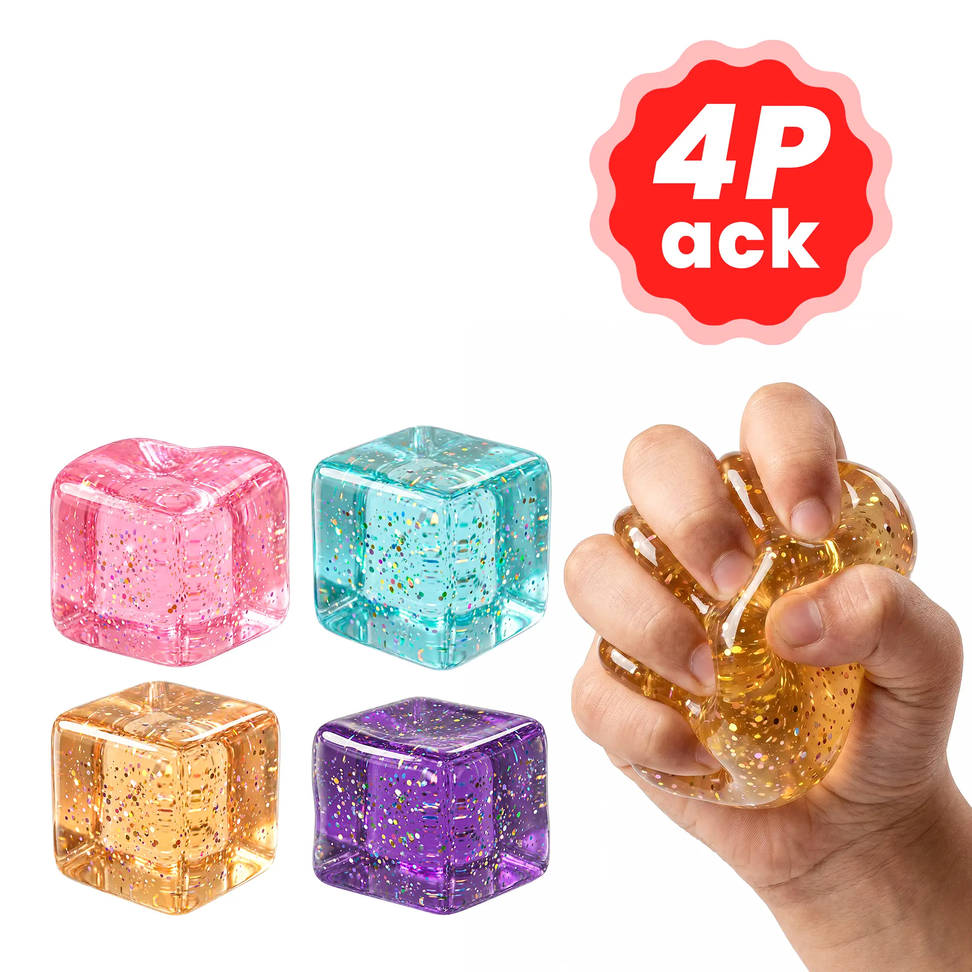 CHERMORY Ice Cube Stress-Relief Squeeze Toy 4-Piece Set – Slow-Rising, Portable Sensory Toys. These translucent, crystal-gel-like stress relievers are perfect for relaxation, serving as gifts, rewards, or anxiety-relief items for both children and adults.