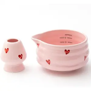 2pcs Pink Ceramic Matcha Bowl with Whisk Holder & Spout, 16.5OZ Porcelain Bowl with Measurement Marks, Tea Mixing Bowl, Cute Valentine Gift (pink love)