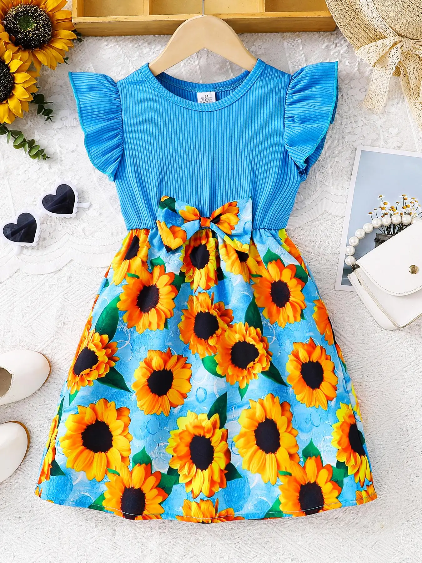 Girl's Sunflower Print Bow Decor Dress, Casual Round Neck Knit Dress for Summer, Kids Clothes for Daily Wear, Floral Printed Dress, Dresses Summer