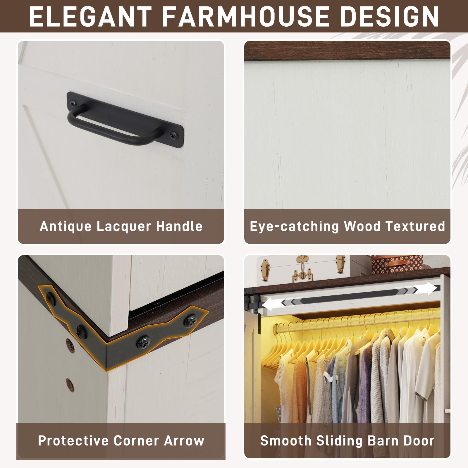 Farmhouse 6 Doors/4 Doors/3 Doors Armoire Wardrobe Closet w/Folding Sliding Barn Door and Lights, LED Armoire Closet w/Drawers for Bedroom, Freestanding Wooden Wardrobe Storage Closets w/Hanging Rod (Antique White/Rustic Brown/Black)