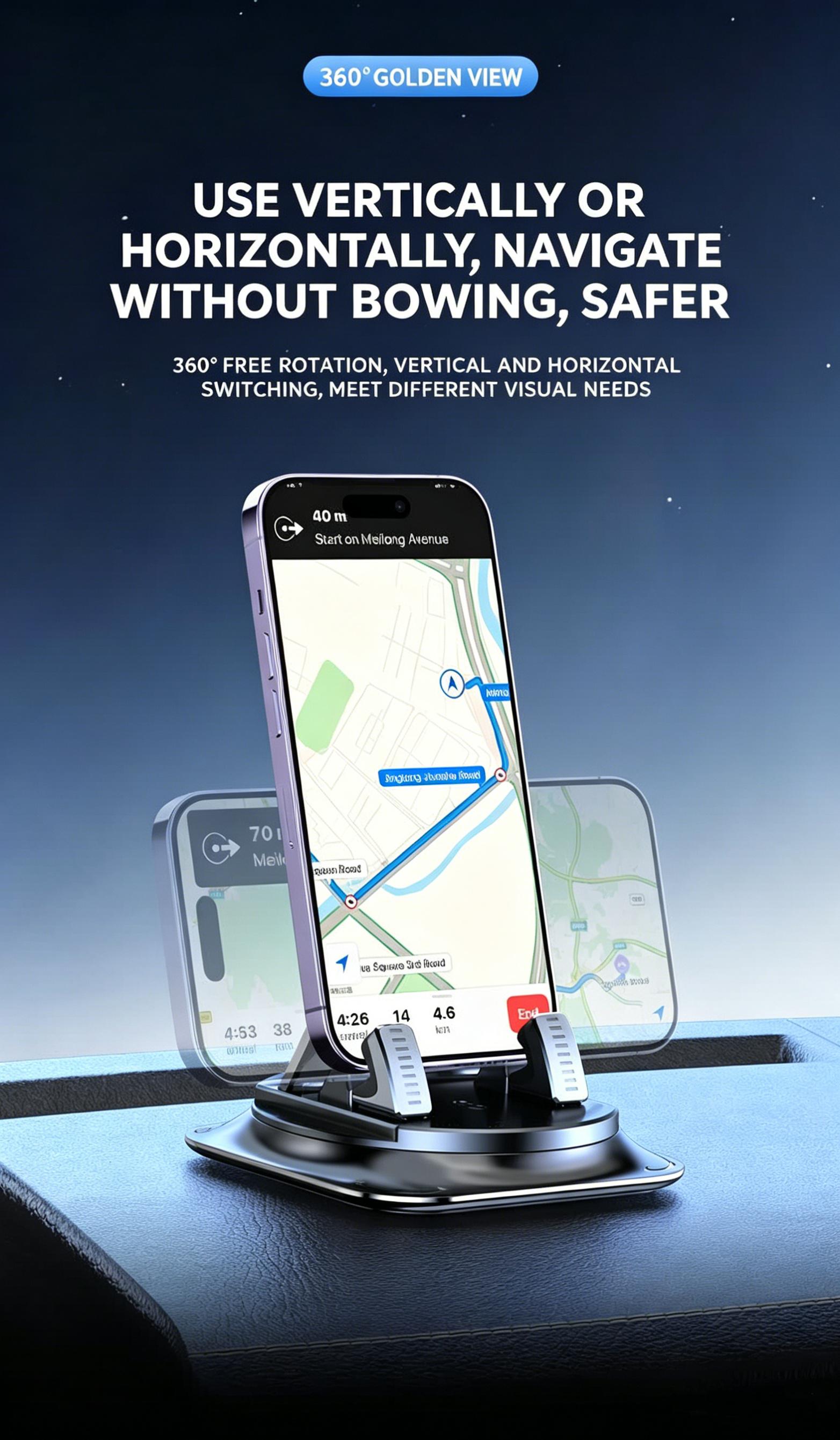 Car phone holder 360 degree rotation, suitablefor car navigation in-car dashboard, horizontaland vertica screen adjustment angle,suctioncup fixed non-slip mobile phone holdersuitable for iPhone and Android