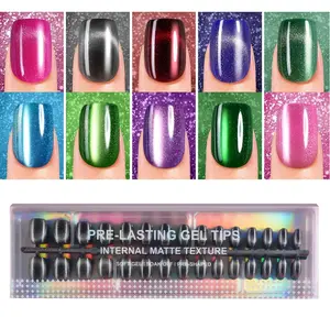 Cat Eye Press on Nails Short Square, 300Pcs Soft Gel Fake Nails, Glossy Glitter Cat Eye Nail Tips for Women and Girls Stick On Nails in 15 Sizes