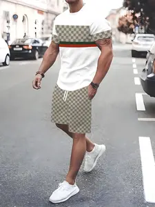 Men's Fashion Colorblock Print Short Sleeve Set, Casual Sports Style, Comfortable Breathable, All Seasons Wear, Regular Fit Tee & Shorts