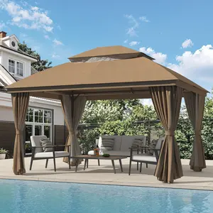 Outdoor Gazebo 10’×13’ for Patio, Metal Frame Canopy with Double Roofs, Heavy Duty Party Tent with Mosquito Netting and Curtains for Backyard, Garden, Lawn and Deck, Coffee, Grey