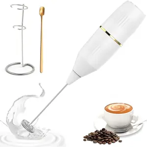 Handheld Milk Frother 14000 RPM Drink Mixer Wand With Stand And Stirring Spoon Quiet One Button Operation Non Slip Handle Detachable Whisk Head For Coffee Lattes Cappuccinos Matcha White