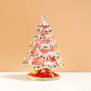 1Count Hand-Painted Enameled Pink Christmas Tree Box with Hinged Lid - Standalone Ornamental Trinket Case, Unique Holiday for & (Pink Christmas Tree Design, Decorative Srage Box) Jumbo Themed Gift Bags Set