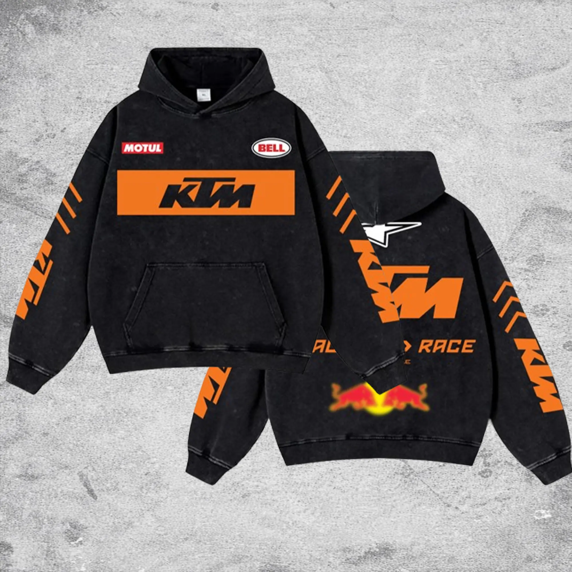 Bell Helmets Red Bull KTM Sport Racing Retro Unisex Acid Washed Cotton Hoodie - Casual, Streetwear Look, Digital Prints, Motor World Champion Enthusiast Apparel, Super Motorsports Riders Gear, Motocross Off-Road Dirt Bike Fan Clothing