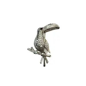 BSK Toucan Brooch Silver Tone Red Rhinestone Eye 1.93 Inch Vintage