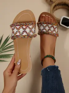 Women's Summer New Sandals, Soft Sole Comfortable Slippers, Boho Style Fringe Beach Shoes, Bohemian Diarmond Sanda，All Seasons Textile Rubber Soles, Flat Sandal, Casual Summer Footwear, Fringe Embellished Sandal