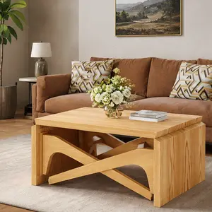 ARCH 2-in-1 Transformer Coffee Table Expandable Dining Table Variable Height Adjustable Natural Rubber Wood Living Room Furniture Space-Saving Multi-Functional Table for Small Apartments Home Office Use, Natural Color Options, Rubber Wood Material