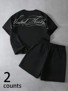 Men's Black Minimalist Casual 2-Piece Outfit, Saint Tears Letter Print Crew Neck T-Shirt And Elastic Waist Shorts, Suitable For Daily Life And Weekend Gatherings