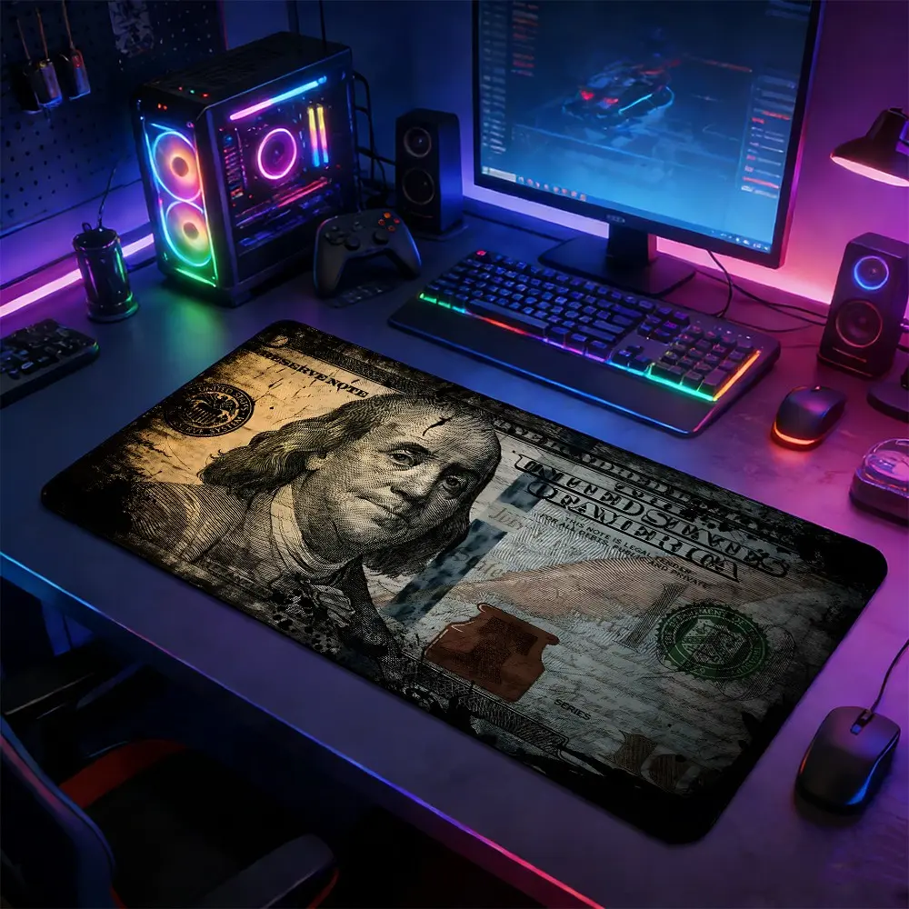 Vintage Worn 100 Dollar Banknote Large Extended Mouse Pad, Non Slip Mousepad, Non-Slip Rubber Base with Stitched Border, Retro Currency Art Design, Durable Accessory for PC Gaming Setup, Ideal Gift for Gamer Boys & Money Aesthetic Fans
