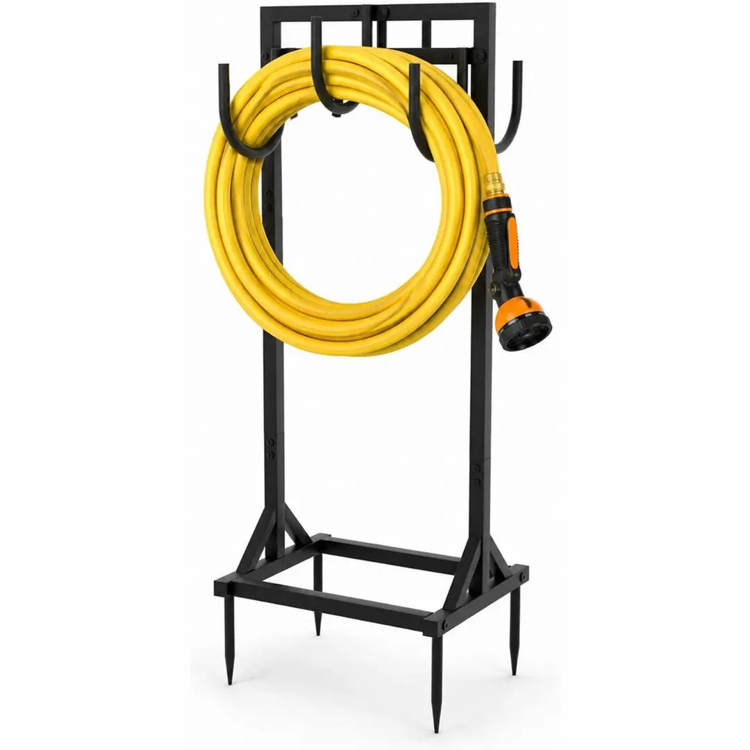 Garden Hose Holder with 6 hooks Hose Reel Equipped with 4 Stable Bases Hose Holders for Outside Yard Lawn Farm Black