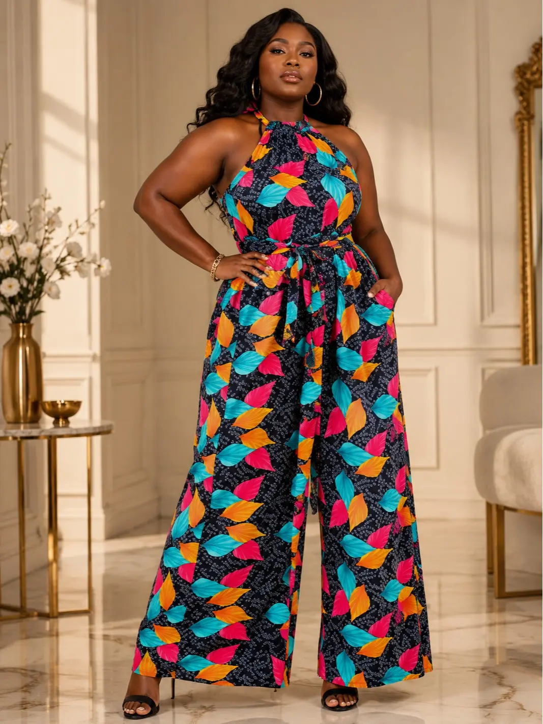 Ankara Halter-Neck Palazzo Jumpsuit with Waist Belt – Vibrant Leaf Print