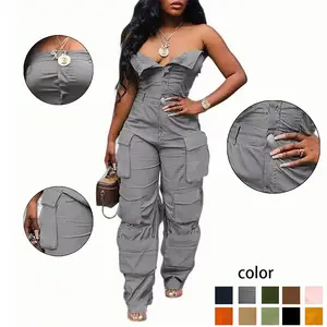 Trendy strapless denim cargo jumpsuit — high-waisted, multi-pocket, edgy street-style women’s wear; minimalist basic sleeveless design